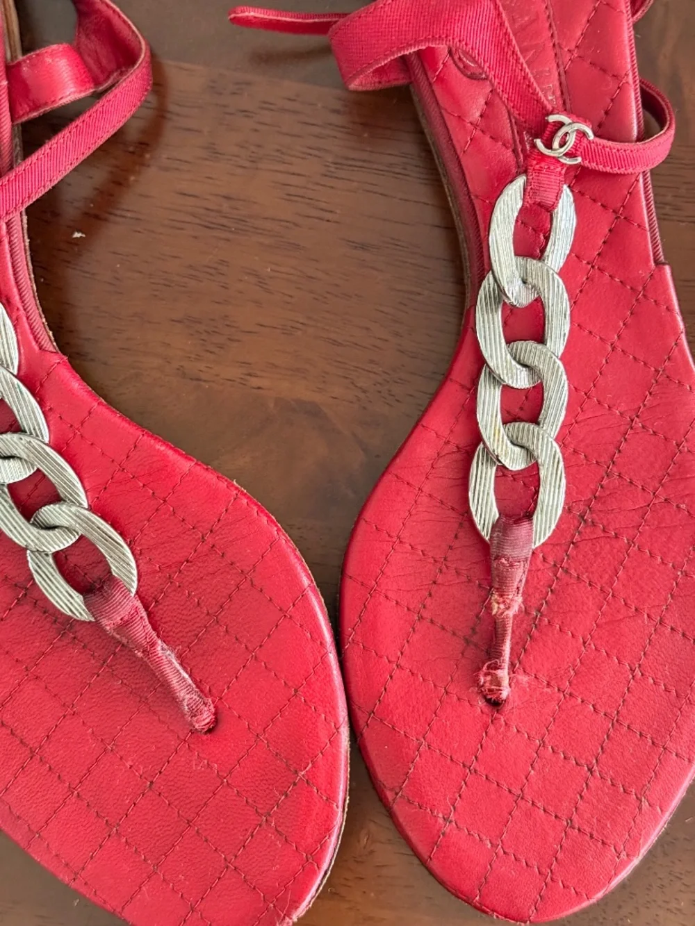 CHANEL Quilted Leather Chain Thong Sandals